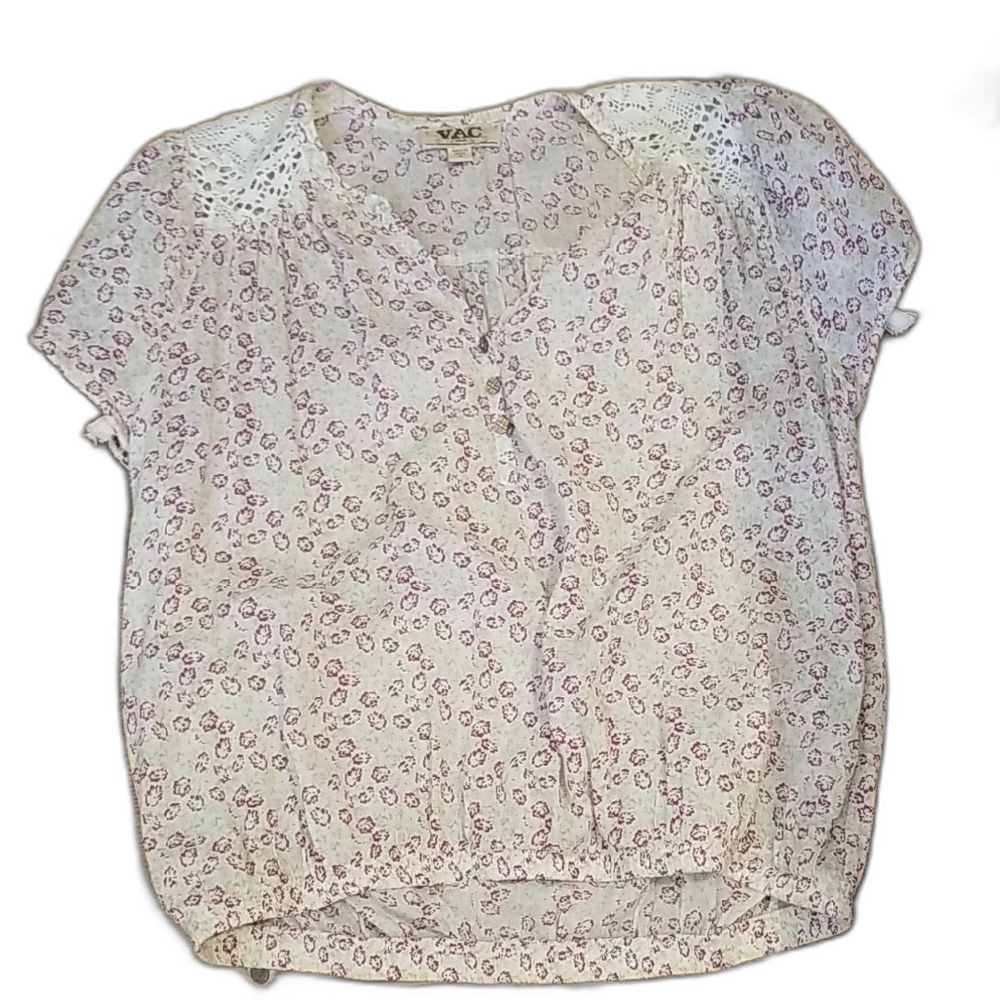 Ya Los Angeles Floral Lace Cap Sleeve Blouse Cream White Button Up S